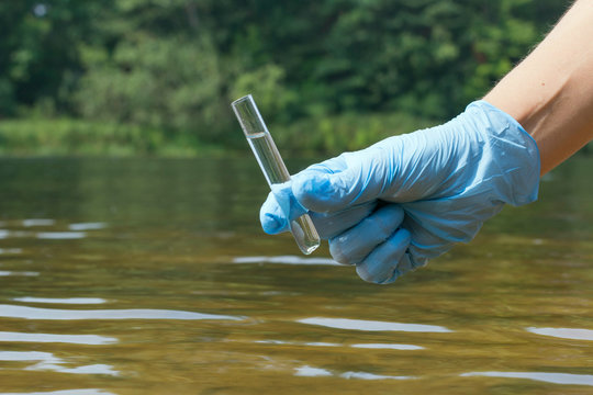 Sample water from the river for analysis. Hand in glove holding