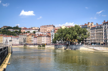 Naklejka premium Colorful houses on the banks of the Saone river in Lyon, France 