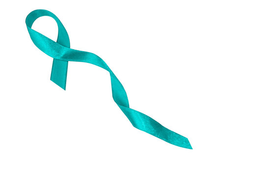 Turquoise awareness ribbon to support people with ovarian cancer. Concept questions/ assistance and actions of people living with the disease, and PTSD . Turquoise ribbon isolated on white background.
