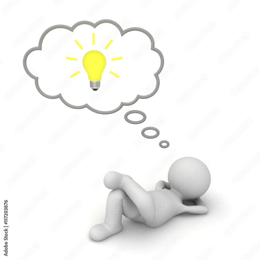 Leinwandbilder 3d man lying down with idea bulb in thinking bubble isolated on white floor background