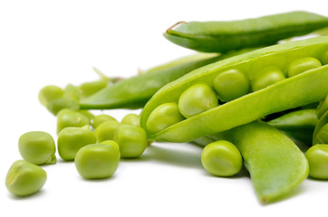 Pods of green peas isolated on a white background. Green, ripe, fresh vegetables. Legumes.