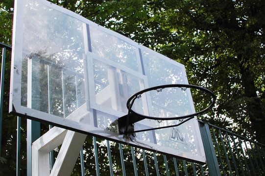 The Basketball Court On Green Background  In The Yard, Basketball Plastic Shield In The Background Of Fat Heaven