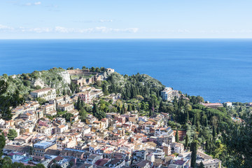 Naklejka premium Arial view of the Taormina city with the ancient greek amphitheater ruins. Province of Messina. Sicily, Italy.