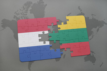 puzzle with the national flag of netherlands and lithuania on a world map background.