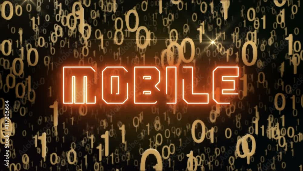Poster seamless looping animation with the word mobile composed into falling golden binary code