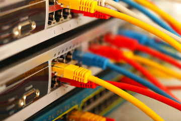 Ethernet cables connected to network switch, close up