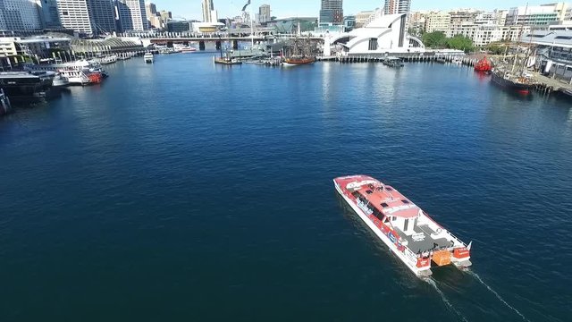 Aerial footage of Darling Harbour Sydney, featuring Sydney CBD, Sydney Ferries (ferry), 