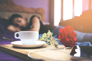 Woman in bed and breakfast