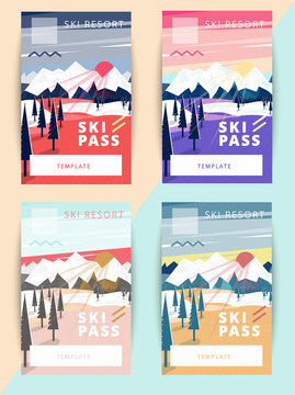 Set of vector ski pass template design. Trendy colorful mountain background