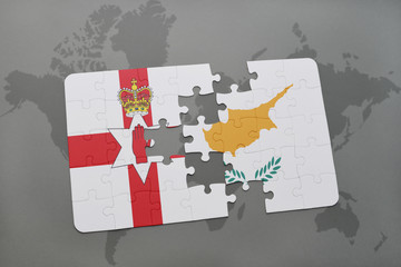 puzzle with the national flag of northern ireland and cyprus on a world map background.