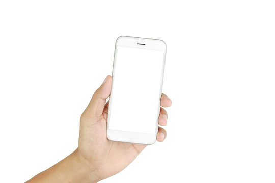 Hand holding smartphone isolated on white background