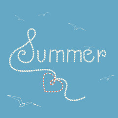 Vector background with lettering - summer and hand drawn seagulls. Website background or banner. Rope texture.