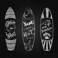 Vector illustration of surfing boards with lettering on the chalkboard. Vintage poster