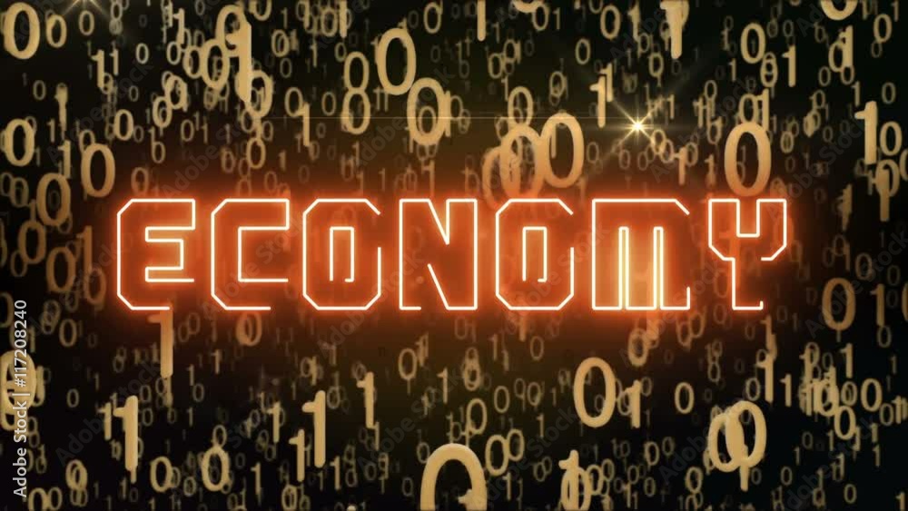 Poster seamless looping animation with the word economy composed into falling golden binary code