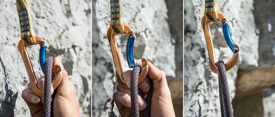 Foto op Canvas carabiner and climbing rope sequence © ueuaphoto