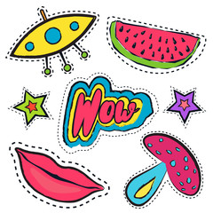 Set of colorful funny pin badges. Collection of bright vector patches