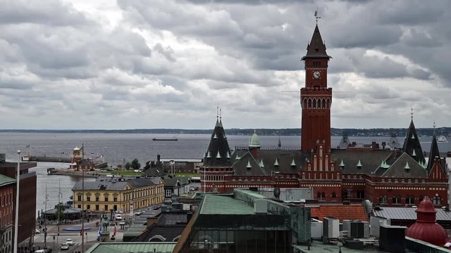 An elevated view on City Hall of Helsingborg and strait of Oresund between Sweden and Denmark