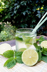 Nutritious detox water with lime and mint in a glass on the wood background