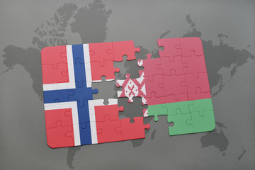 puzzle with the national flag of norway and belarus on a world map background.