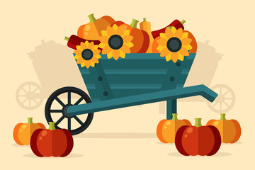 Wooden Wheelbarrow with Fall's Harvest-Pumpkins and Sunflowers. Flat Design Style. 