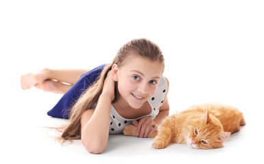 Beautiful girl with cute cat, isolated on white