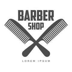 vintage barber shop logo, label, badge and design element, vector illustration isolated on white background. Combs, moustache and scissors logo for barbershops, beauty salons, hairdressers