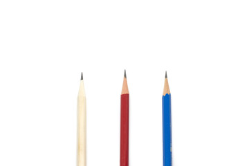 white blue and red pencil on white background