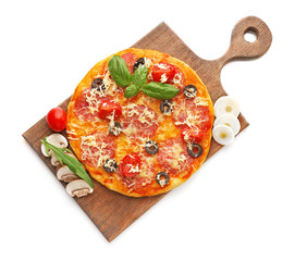 Delicious pizza with vegetables and herbs, isolated on white