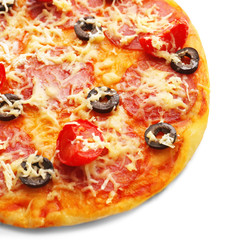 Tasty pizza with olives, isolated on white