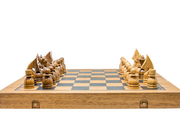 wooden chess board on white background