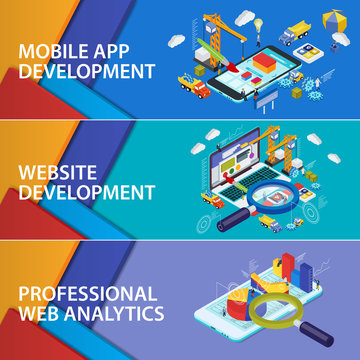Flat 3d isometric smartphone and laptop. Material design banners. Mobile app development. Website development. Infographics and SEO analytics Futuristic virtual graphic user interface. Set banners