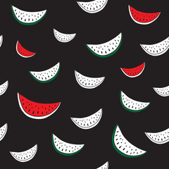 Vector seamless pattern with hand drawn watermelon. Vector background in black and white, red, green colors.