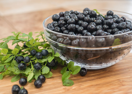 clear glass bowl full of fresh blueberries, branch, green leaves, berries on wooden surface 