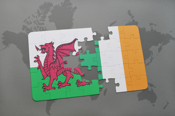 puzzle with the national flag of wales and ireland on a world map background.