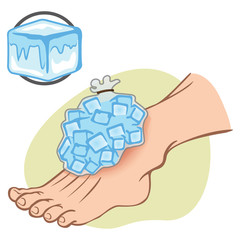 Illustration First Aid Caucasian person standing with ice pack. Ideal for catalogs, information and medical guides