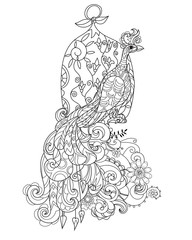 Zen art stylized peacock. Hand drawn doodle