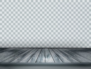 Gray scale background with wooden floor and a transparent back w