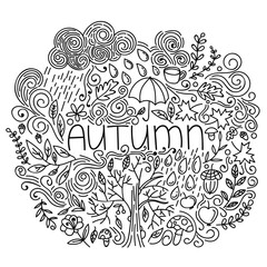 Black and white linear autumn seasonal postcard. Thin line doodle fall card with word autumn, floral element, rain,cloud,tree fall, branches and leaves, acorn, umbrella, mushrooms.Vector illustration.