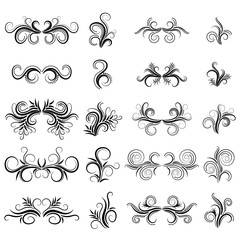 Abstract black curly design element set isolated on white background. Black dividers. Swirls. Vector illustration.