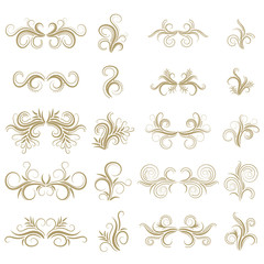 Abstract golden curly design element set isolated on white background. Gold dividers. Swirls. Vector illustration.