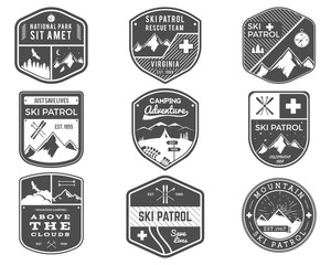 Ski Club, Patrol, Campsite Labels Collection. Vintage Mountain, winter sports explorer badges Outdoor adventure logo design. Travel and hipster monochrome insignia Snowboard icon symbol. Vector patch