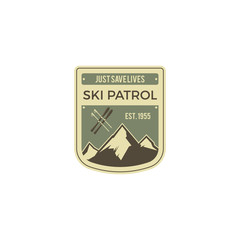 Ski patrol Label. Vintage Mountain winter camp explorer badge. Outdoor adventure logo design. Travel logotype and hipster color insignia with wilderness gear. Retro emblem and stamp. Vector patch