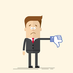Sad businessman or manager shows a sign Thumb Down blue color. Dislike icon. A man in a business suit and tie. Comic hand. Vector man in a flat, cartoon style.