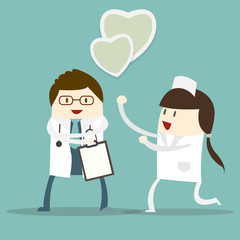 Doctor and nurse  at hospital with Love symbol at work. Cartoon character