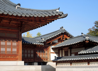 Traditional Korean style architecture at Gyeongbokgung Palace in Seoul South Korea.