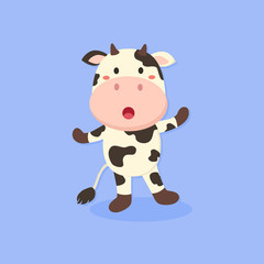 Vector illustration of cute cow cartoon character standing in blue background. 