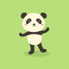 Vector illustration of cute panda bear cartoon character standing in green background. 