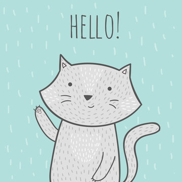 Cute hand drawn doodle card with a cat that says hello.