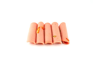 Spicy Bologna Ham Slides Isolated, White Background