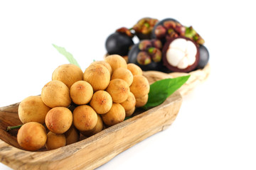 Mangosteen and Longkong on White Wooden Background